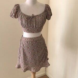 Mable medium floral crop off shoulder top and skirt set.